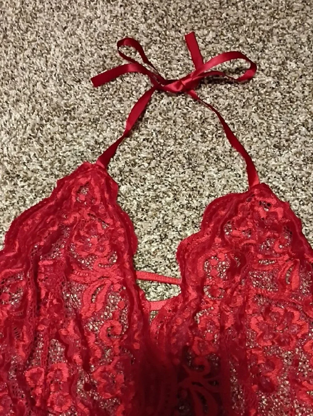 Halter Lace Trim Red Women's Teddy Romper With Open Crotch- New